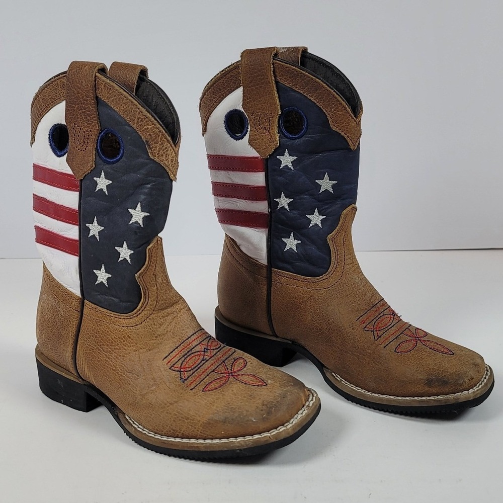 JB Dillon Kids American Flag Western Cowboy Boots Brown Leather Square Toe Sz 8
